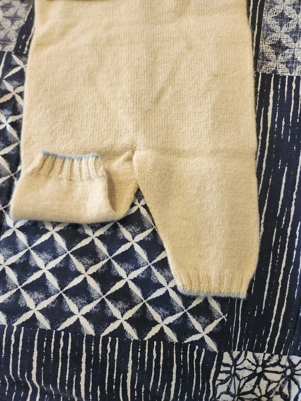 100% American Cashmere Cream & Blue Baby Hooded Bodysuit W/Puppy